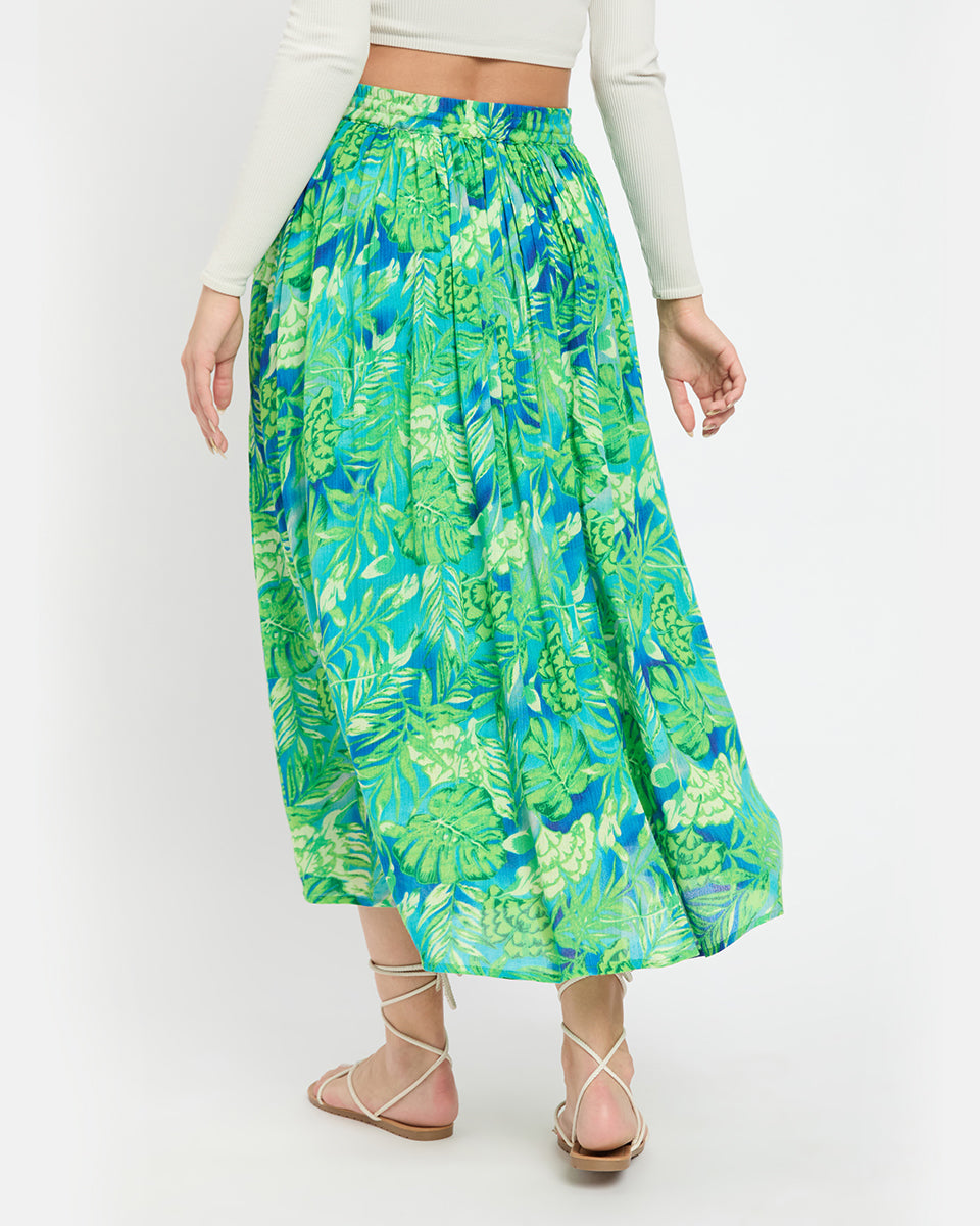 Green Color Floral And Leaf Print Rayon Crepe Long Elastic Waist Skirt For Women