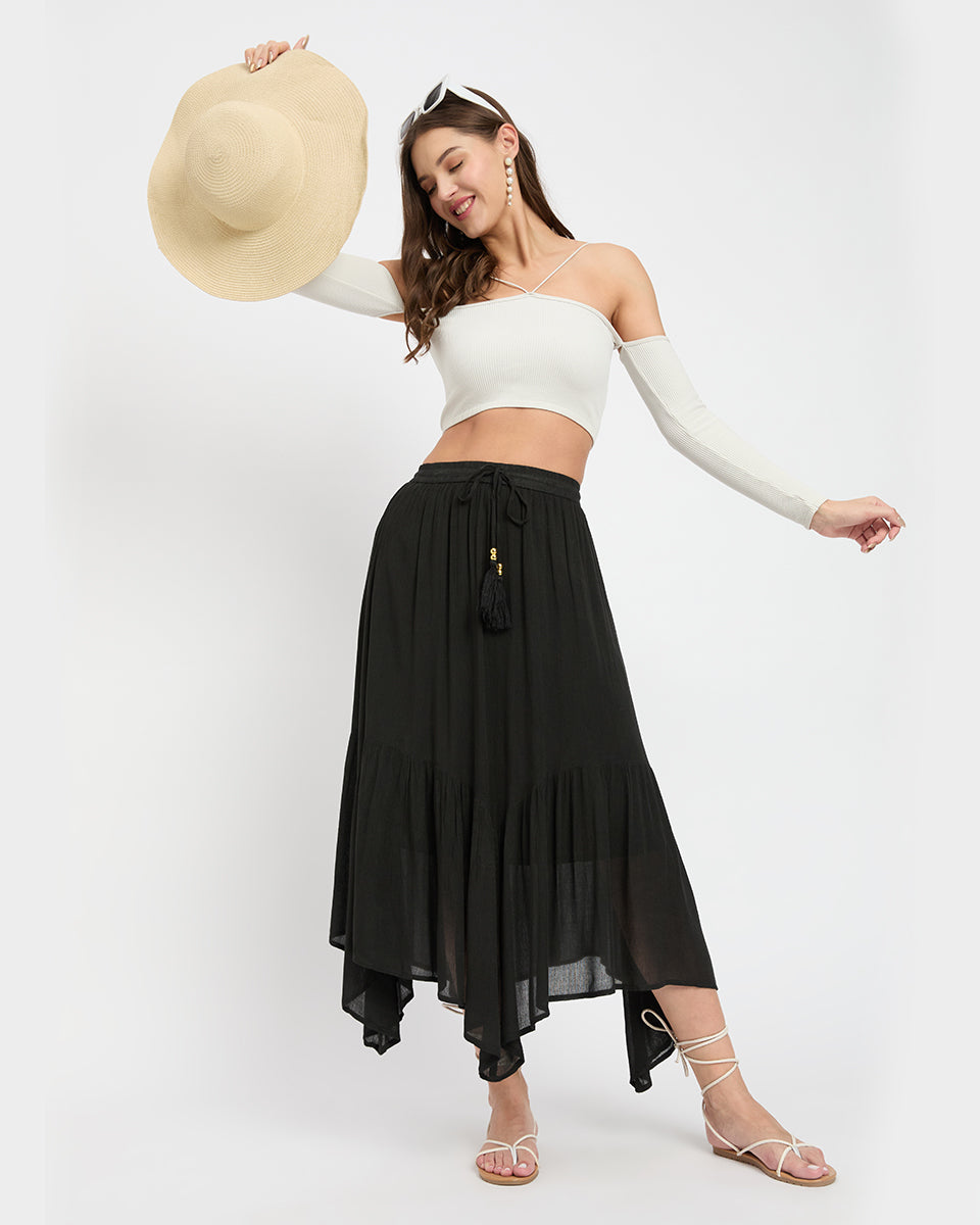Asymmetrical Black Rayon and Poly Knit Skirt for Women