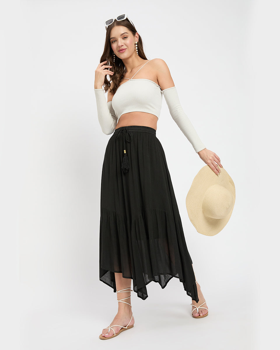 Asymmetrical Black Rayon and Poly Knit Skirt for Women