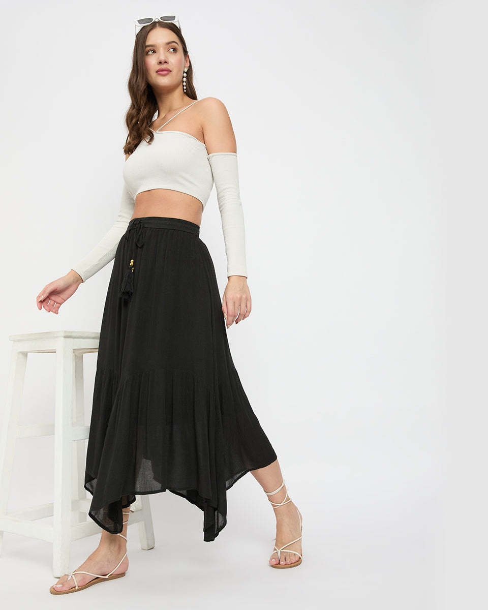 Asymmetrical Black Rayon and Poly Knit Skirt for Women