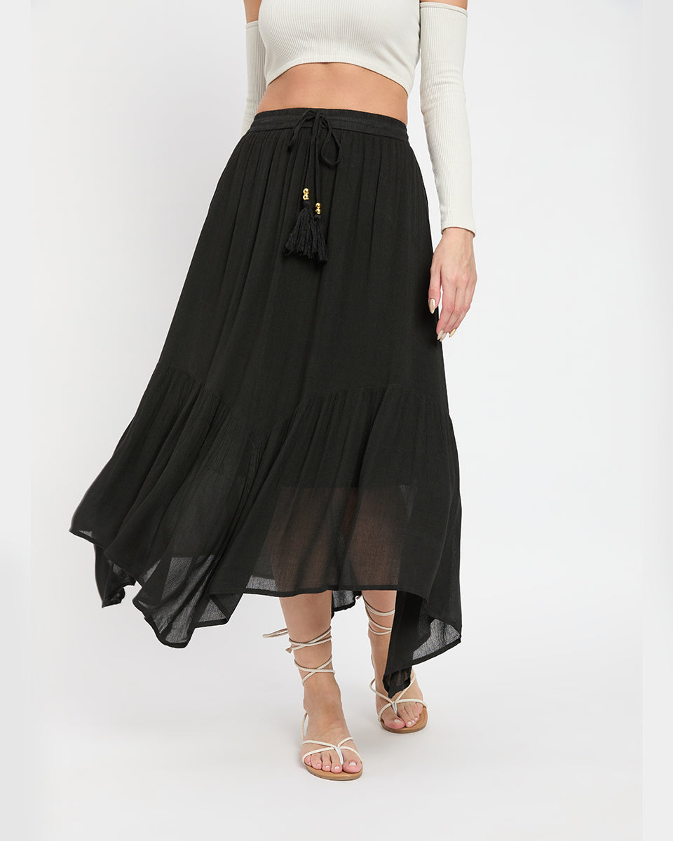 Asymmetrical Black Rayon and Poly Knit Skirt for Women