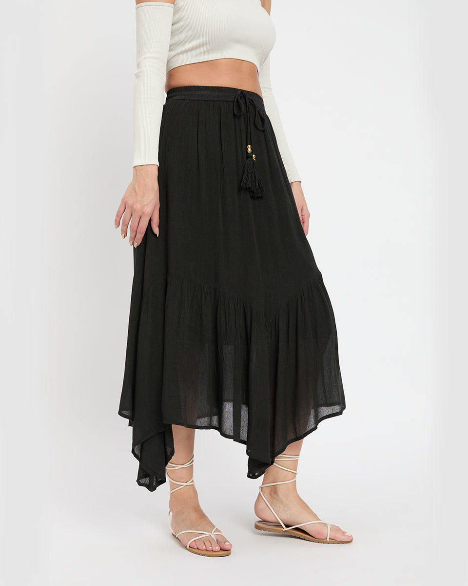 Asymmetrical Black Rayon and Poly Knit Skirt for Women
