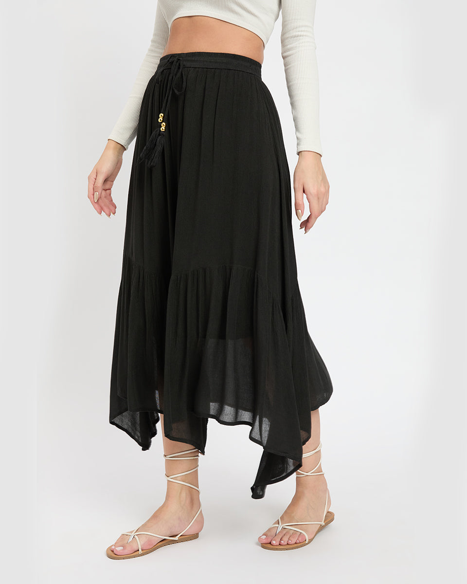 Asymmetrical Black Rayon and Poly Knit Skirt for Women