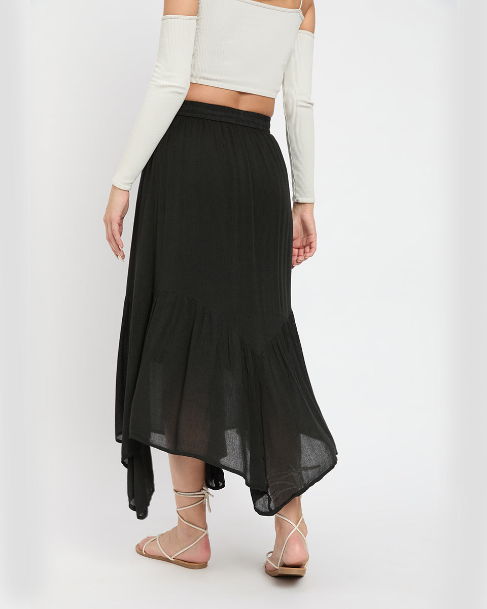 Asymmetrical Black Rayon and Poly Knit Skirt for Women