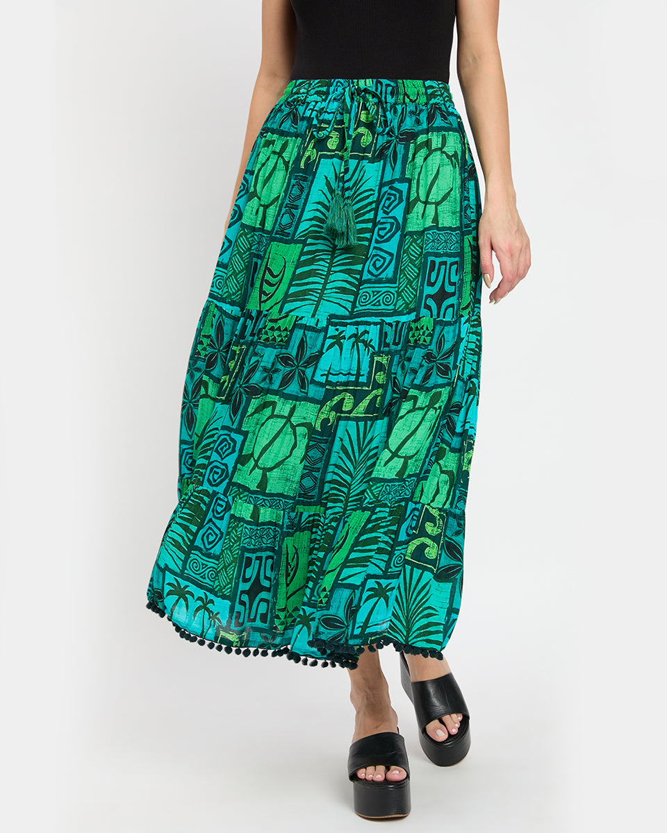 Abstract Green Rayon Crepe Beach Long Skirt For Women