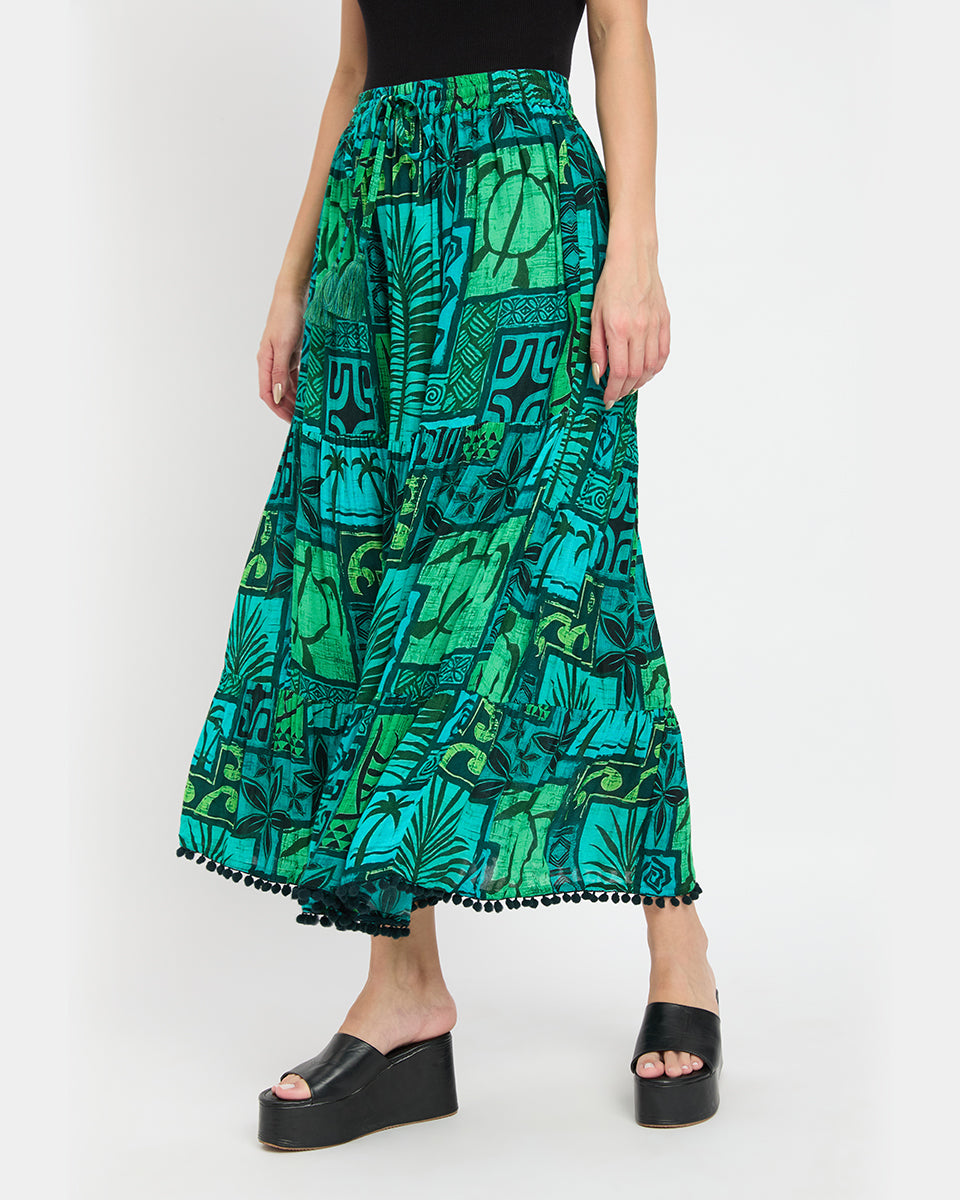 Abstract Green Rayon Crepe Beach Long Skirt For Women