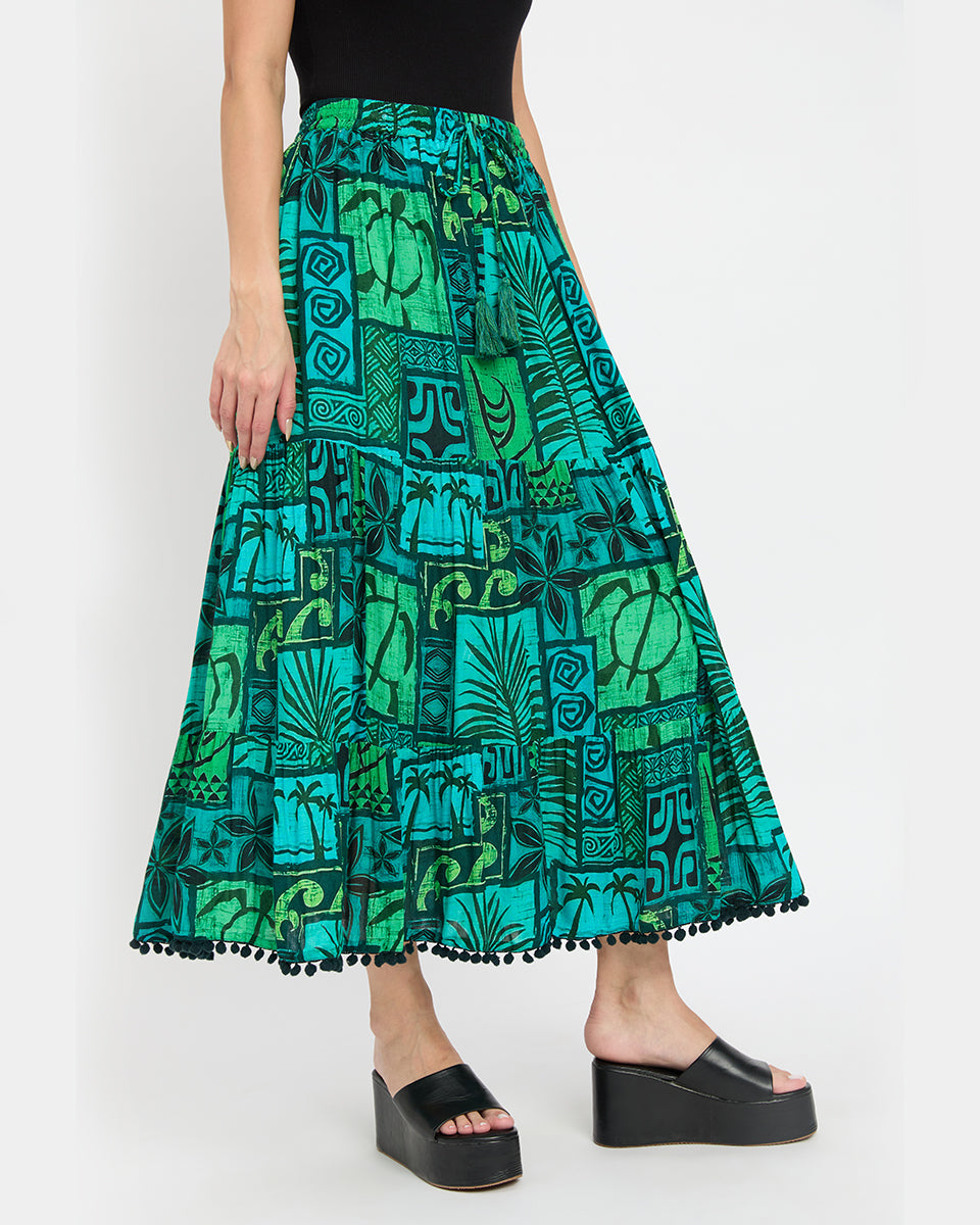 Abstract Green Rayon Crepe Beach Long Skirt For Women