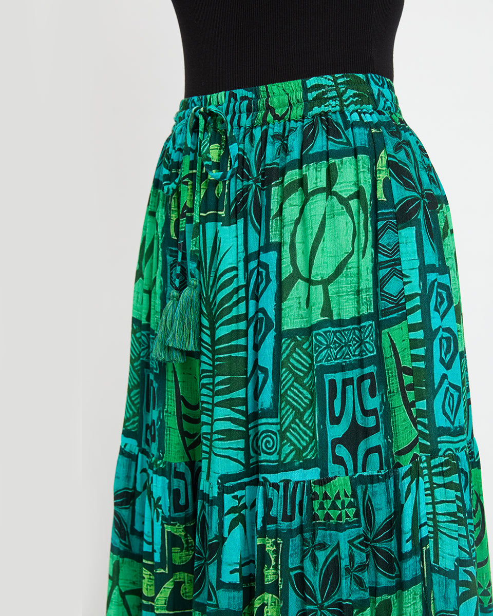 Abstract Green Rayon Crepe Beach Long Skirt For Women
