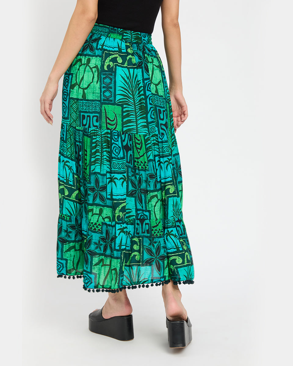 Abstract Green Rayon Crepe Beach Long Skirt For Women