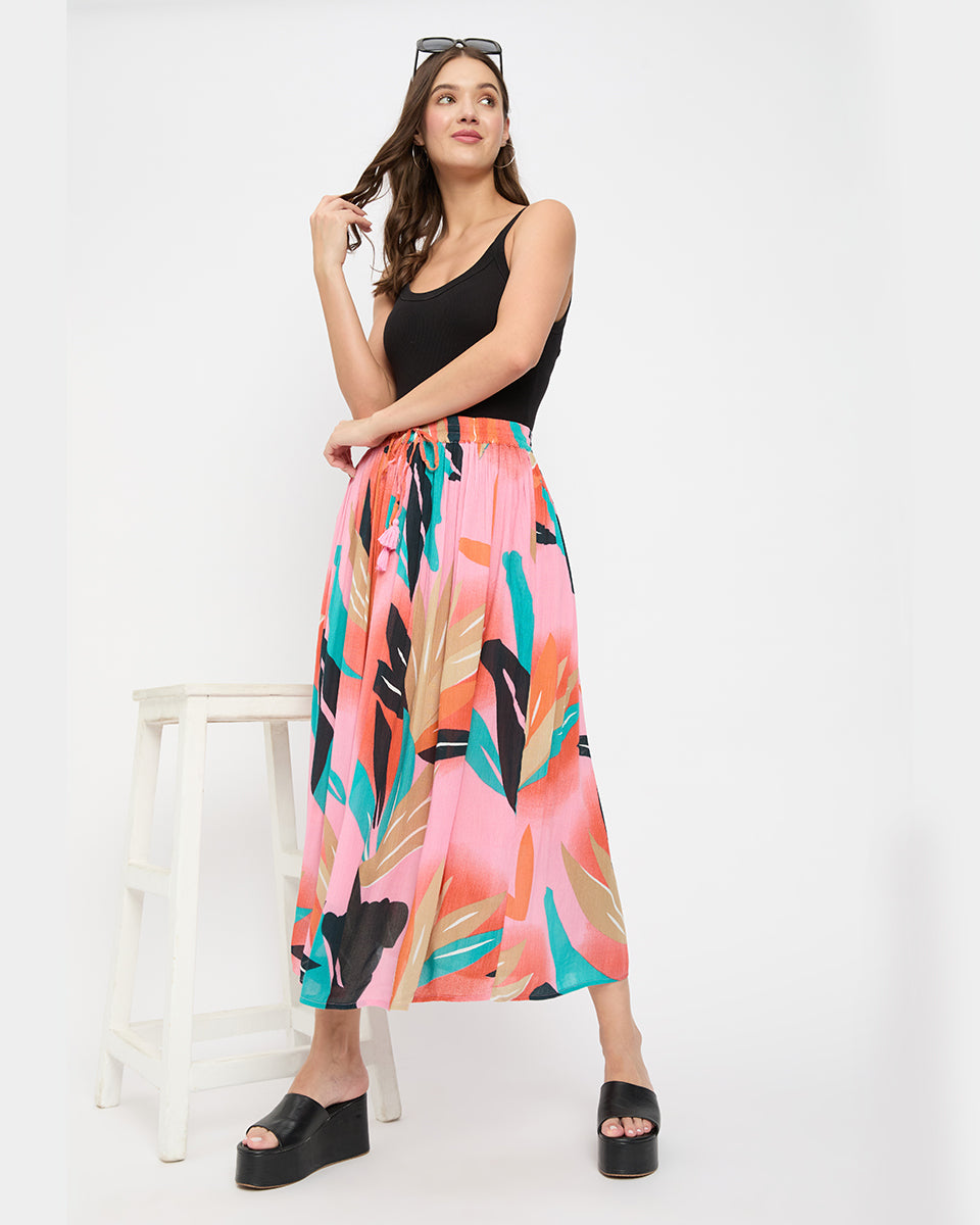 Pink Leaf Print Poly Knit Rayon Skirt For Women
