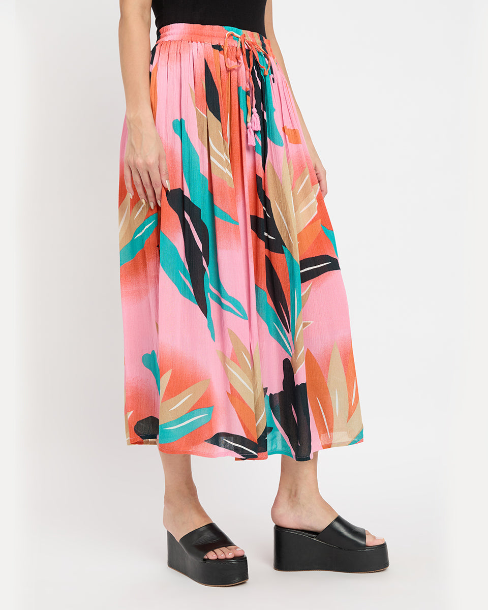 Pink Leaf Print Poly Knit Rayon Skirt For Women