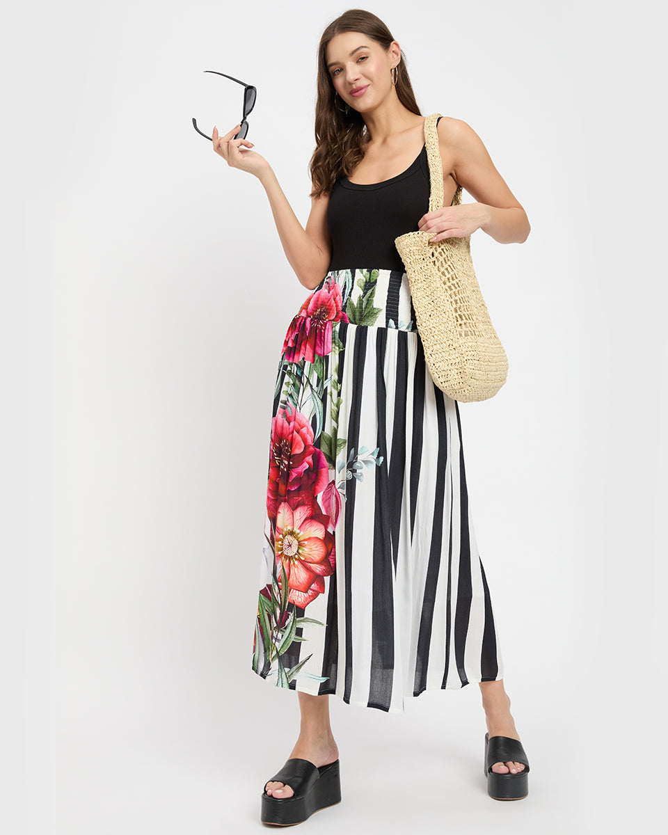 Leaf Printed White And Rust Rayon Crepe Skirt For Women