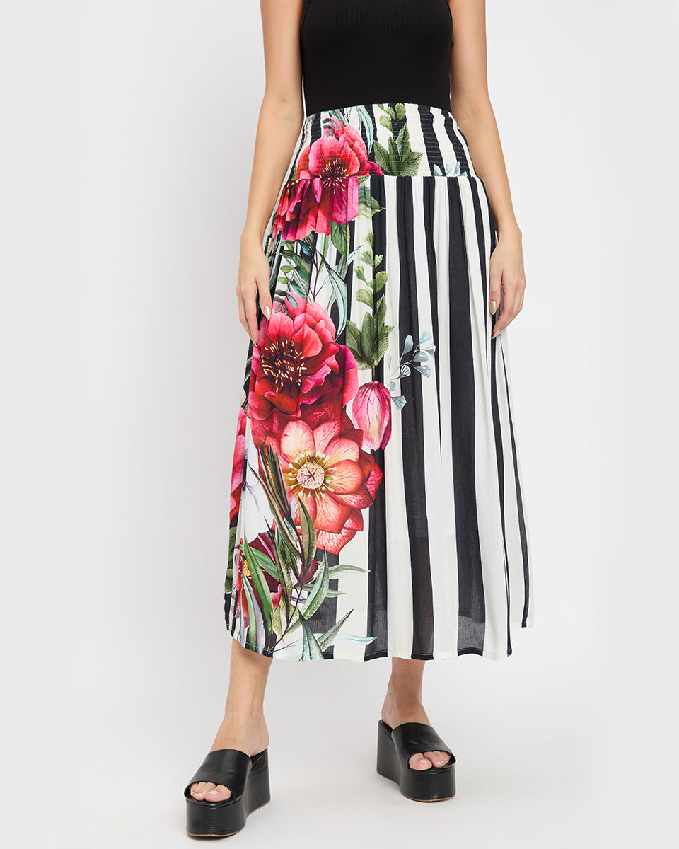 Black And White Strip Rayon Crepe Casual Long Skirt For Women