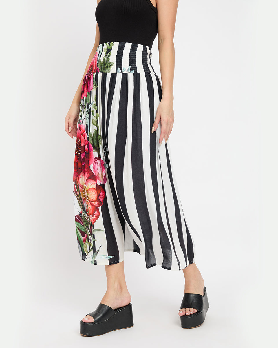 Black And White Strip Rayon Crepe Casual Long Skirt For Women