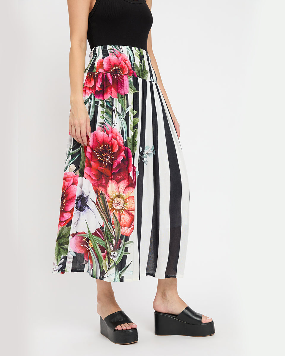 Black And White Strip Rayon Crepe Casual Long Skirt For Women