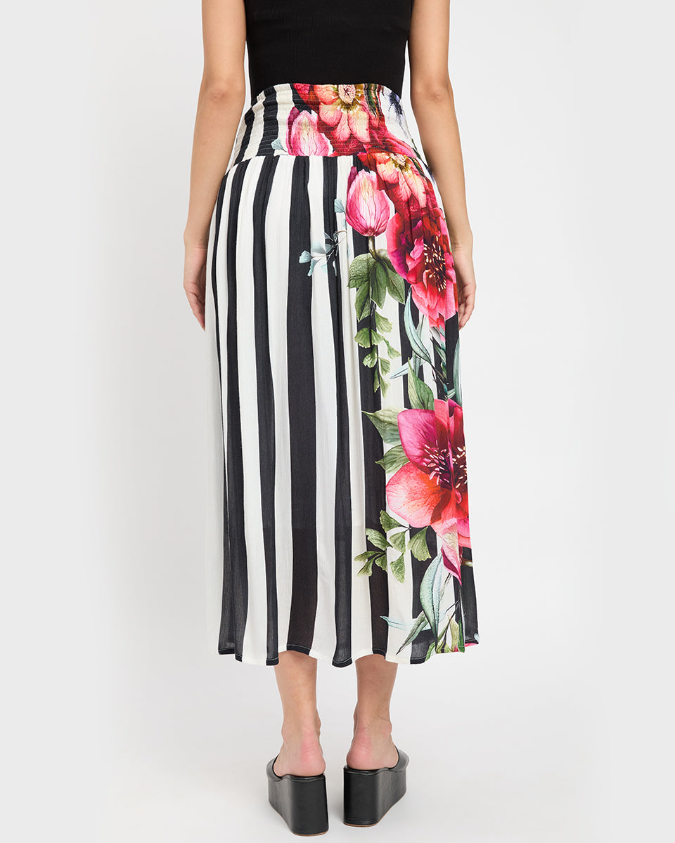 Black And White Strip Rayon Crepe Casual Long Skirt For Women