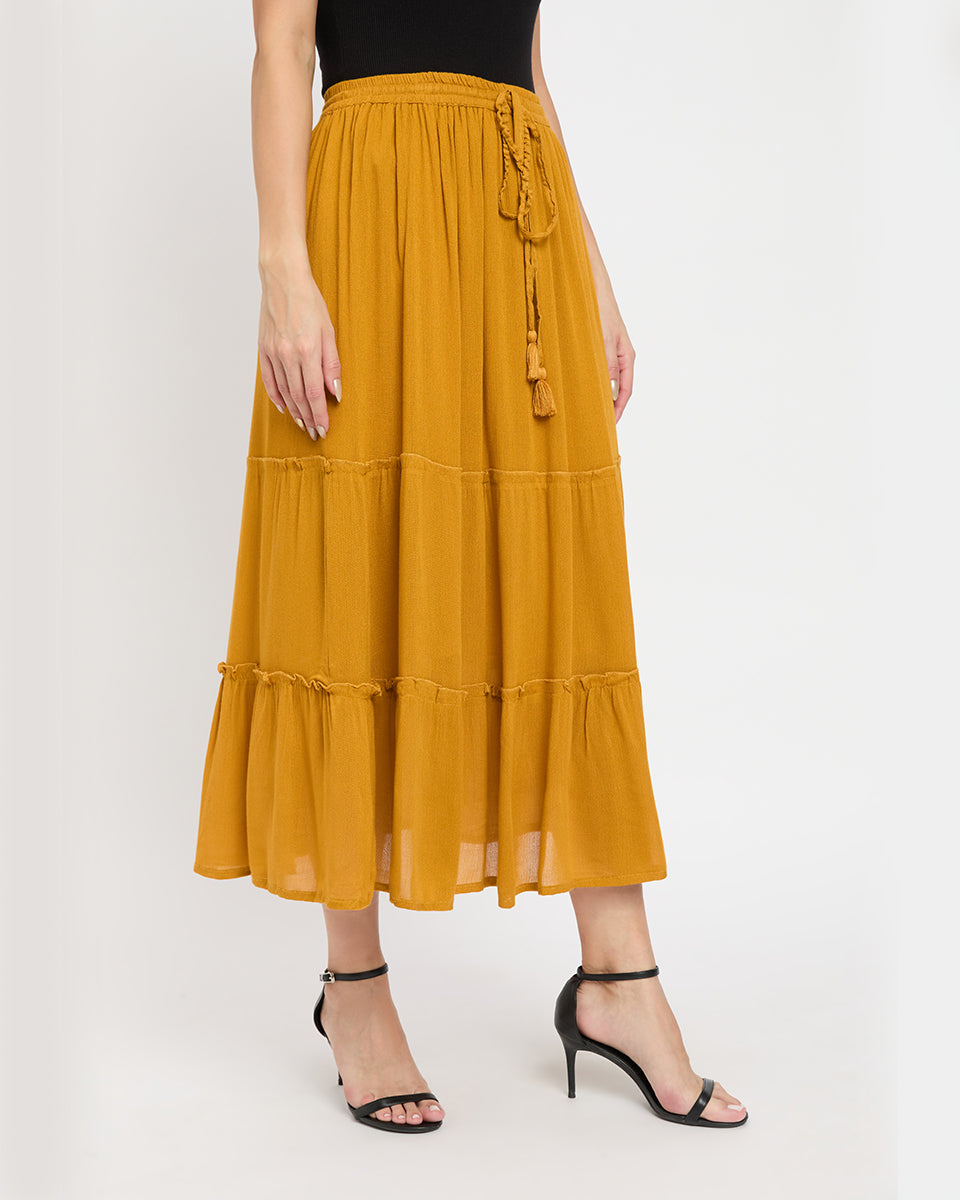 Solid Mustard Color Rayon Casual Maxi Length Skirt For Women