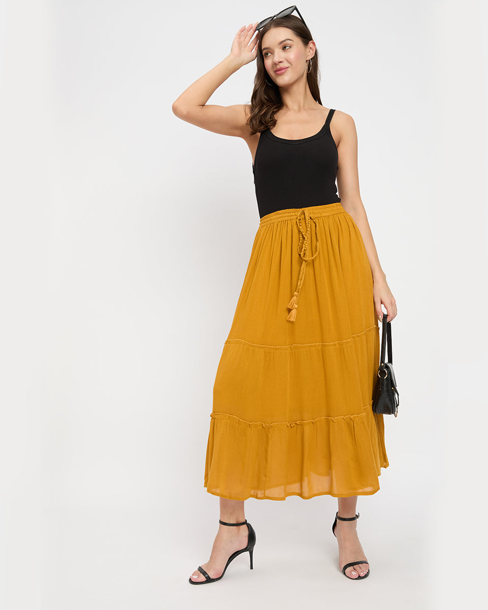 Solid Mustard Color Rayon Casual Maxi Length Skirt For Women