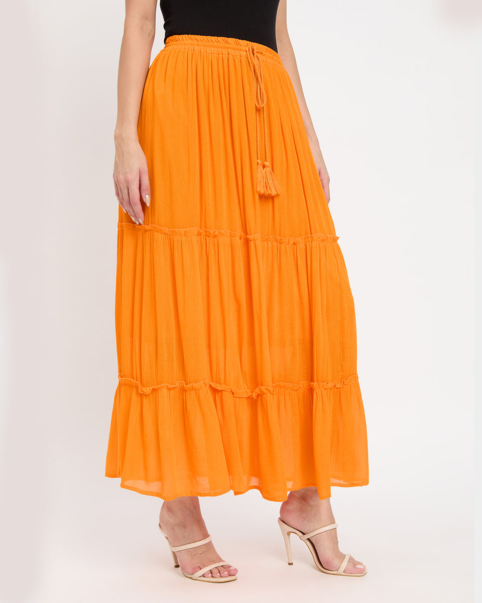 Solid Orange Color Rayon Elegant Long Skirt For Women