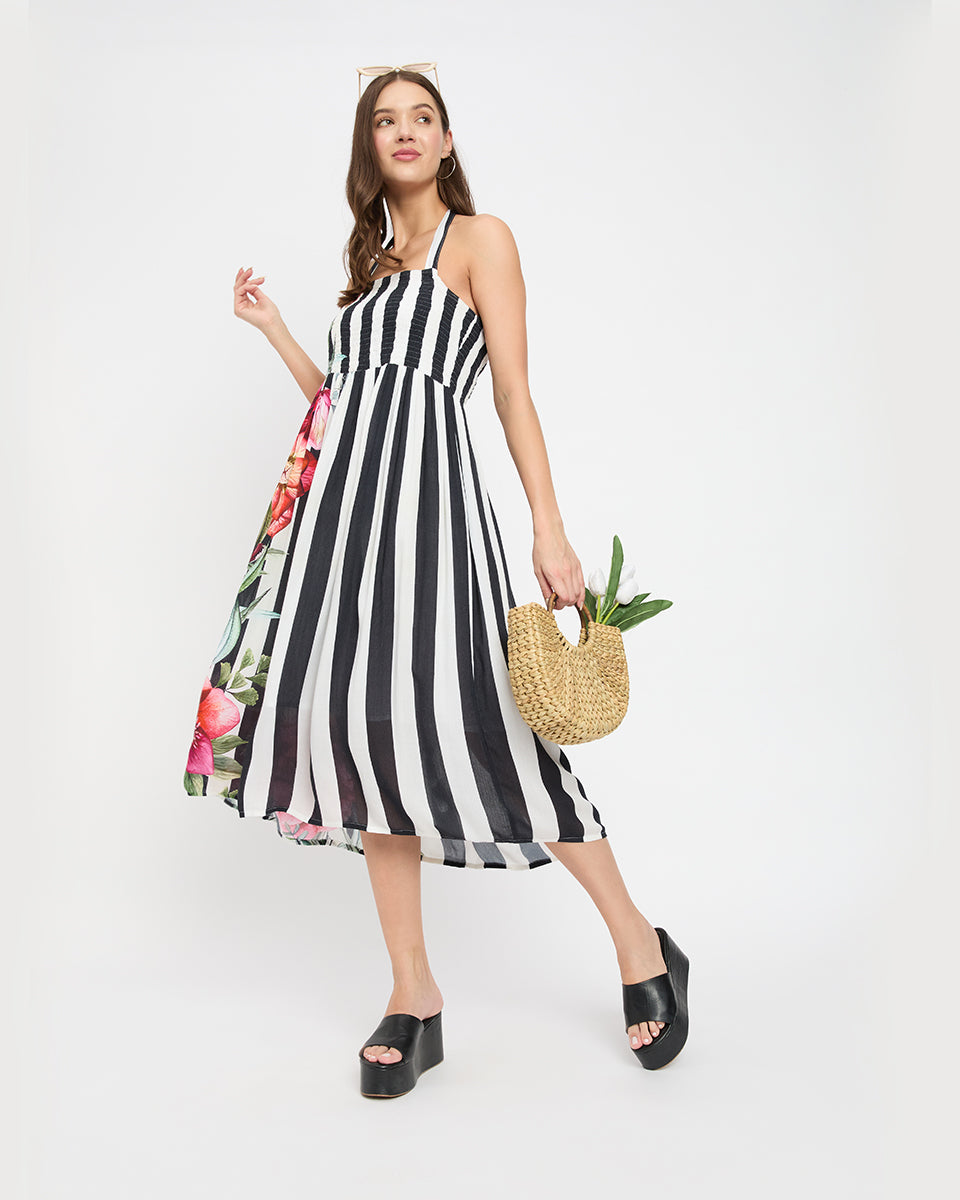 Flowered Black And White Striped Rayon Halter Neck Midi Dress For Women