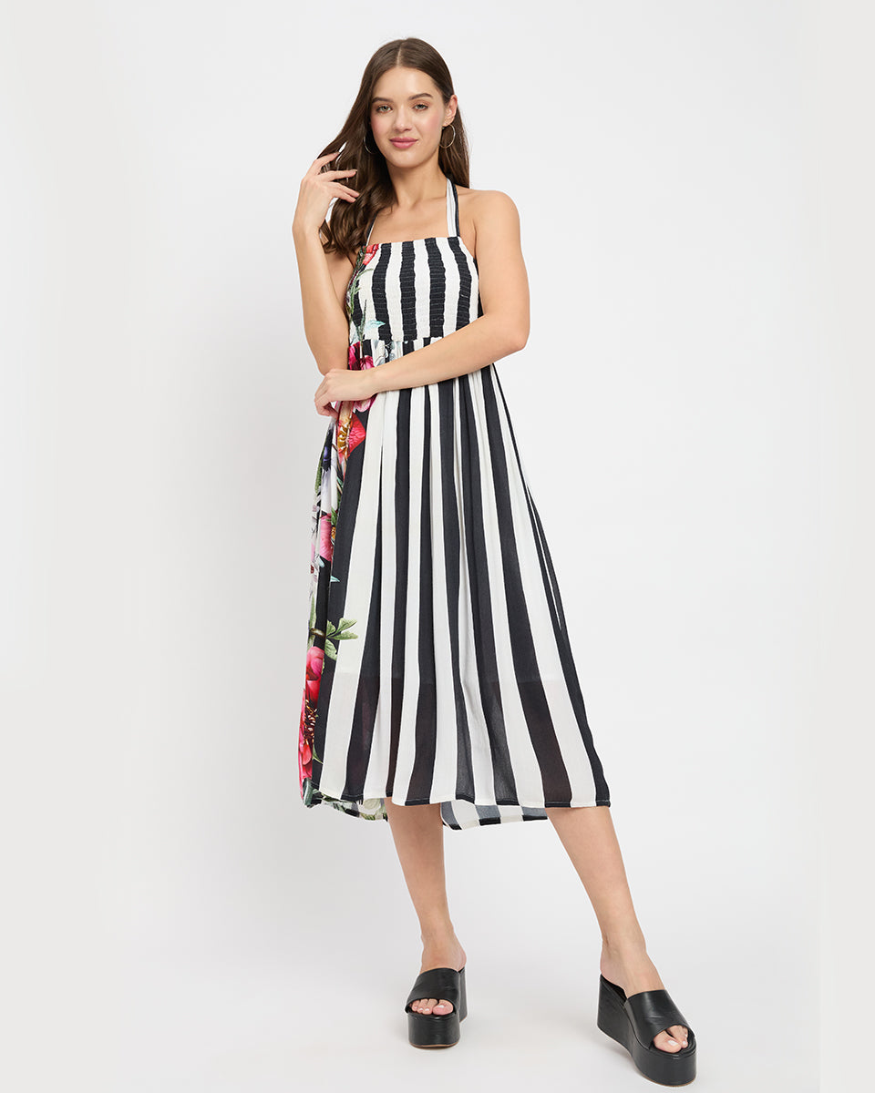 Flowered Black And White Striped Rayon Halter Neck Midi Dress For Women
