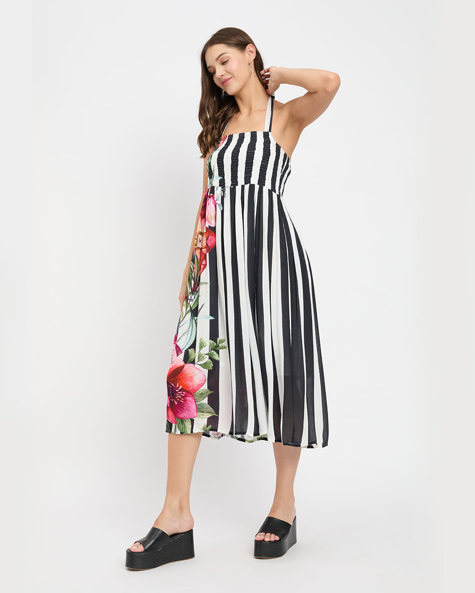 Flowered Black And White Striped Rayon Halter Neck Midi Dress For Women