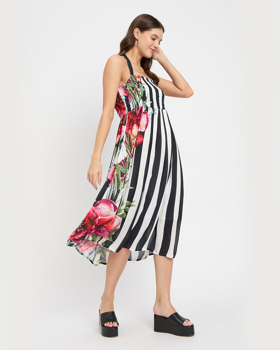 Flowered Black And White Striped Rayon Halter Neck Midi Dress For Women