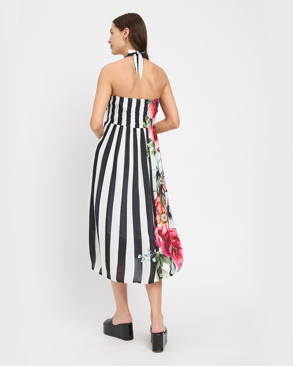 Flowered Black And White Striped Rayon Halter Neck Midi Dress For Women