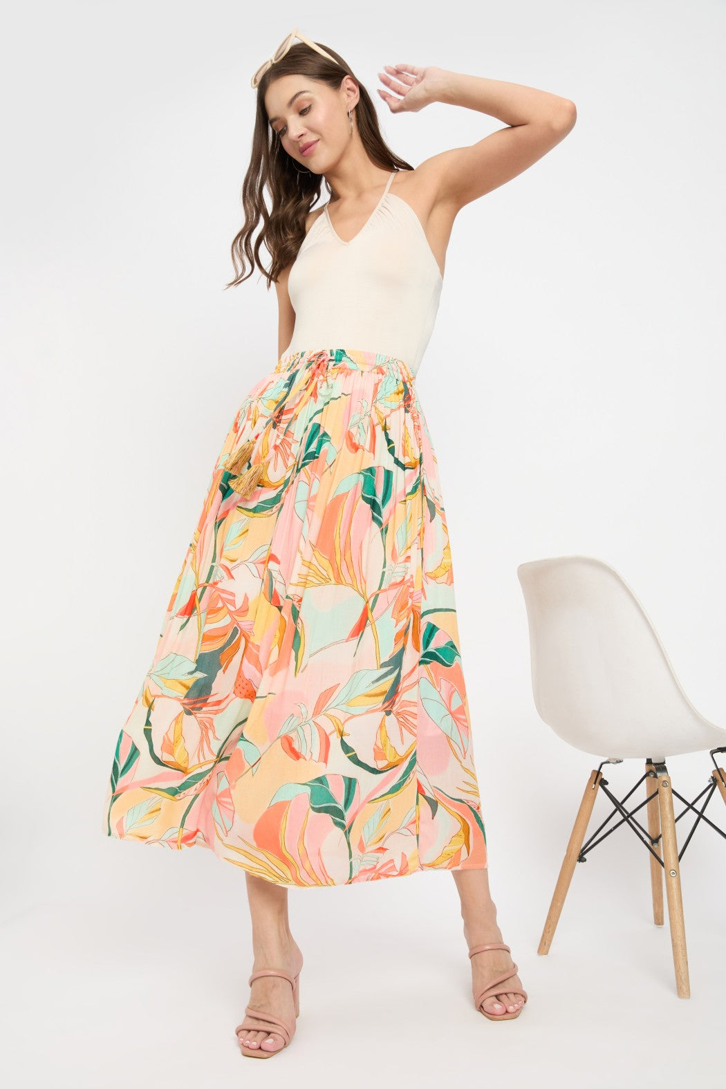 Dazzling Leaf Printed Multi Color Rayon Skirt For Women