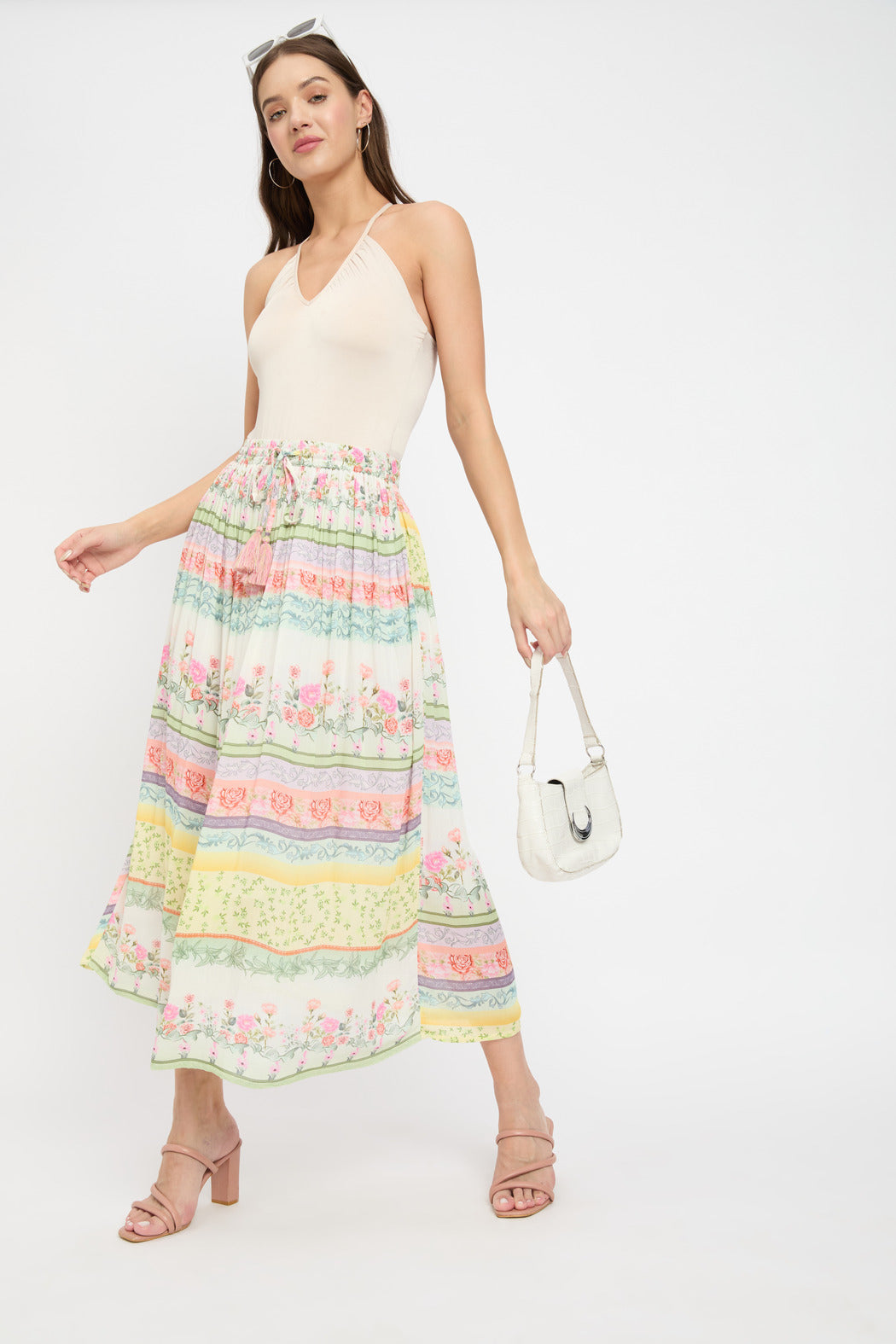 Floral Printed Rayon Crepe Pleated Flared Skirt For Women