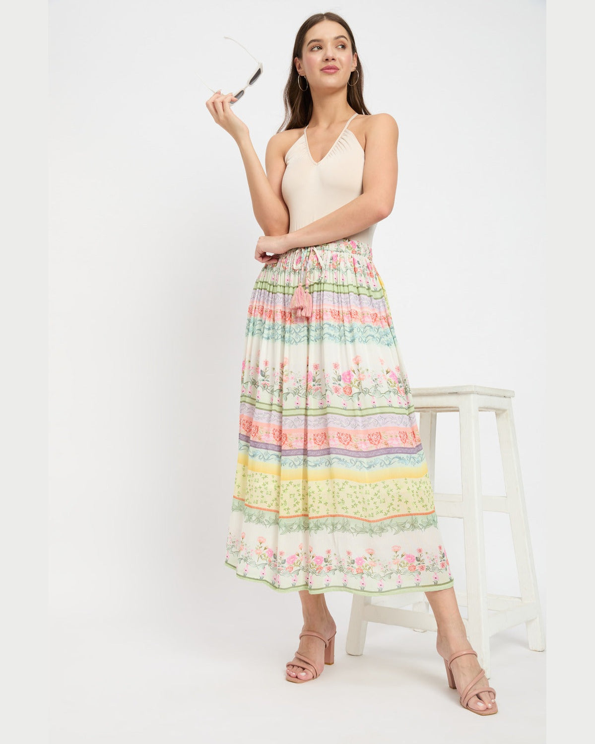 Floral Printed Rayon Crepe Pleated Flared Skirt For Women