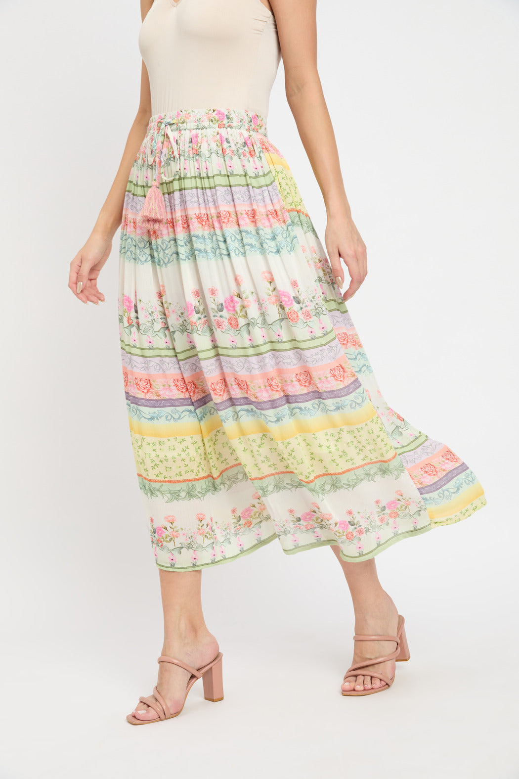 Floral Printed Rayon Crepe Pleated Flared Skirt For Women