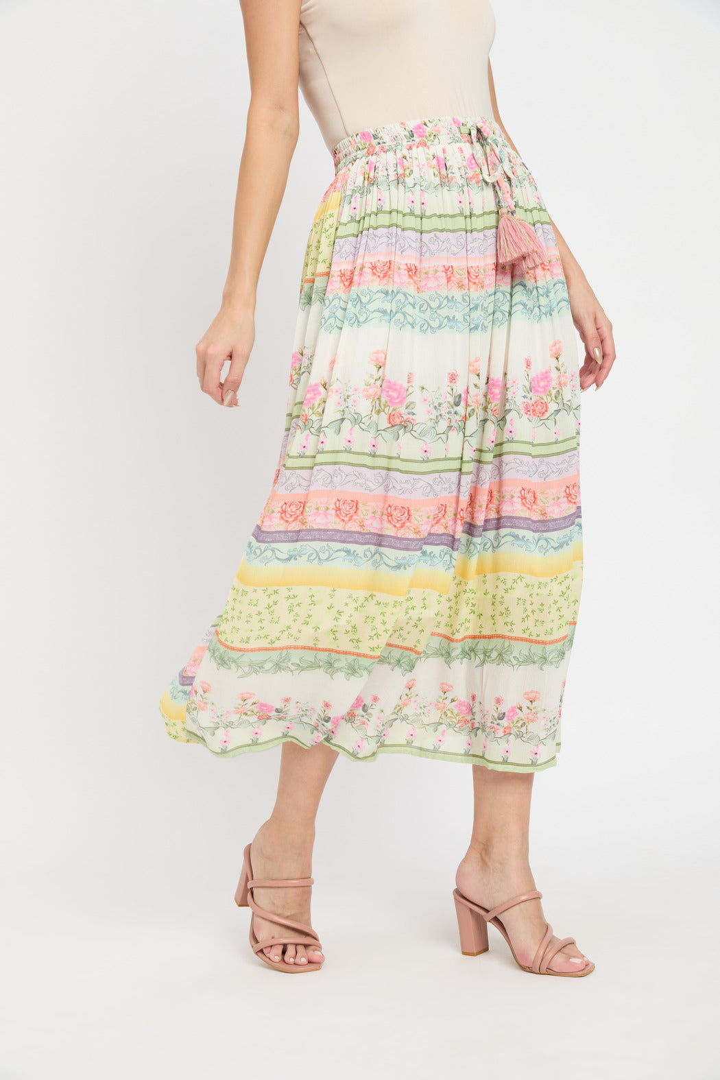 Floral Printed Rayon Crepe Pleated Flared Skirt For Women