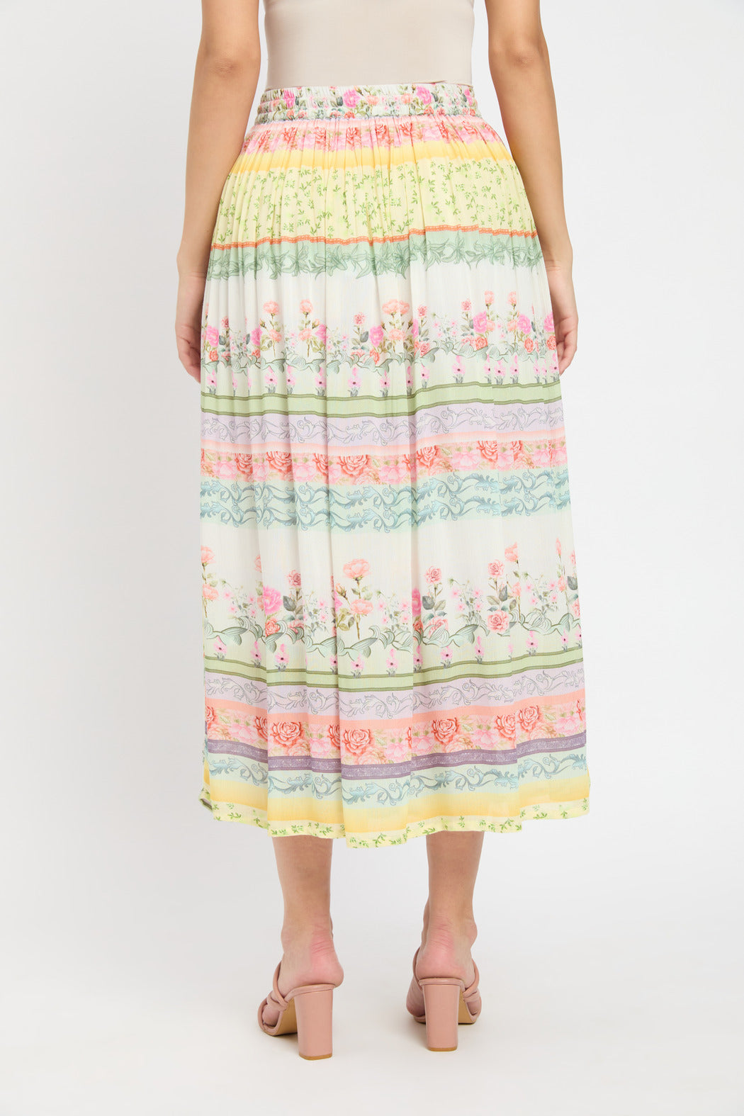Floral Printed Rayon Crepe Pleated Flared Skirt For Women
