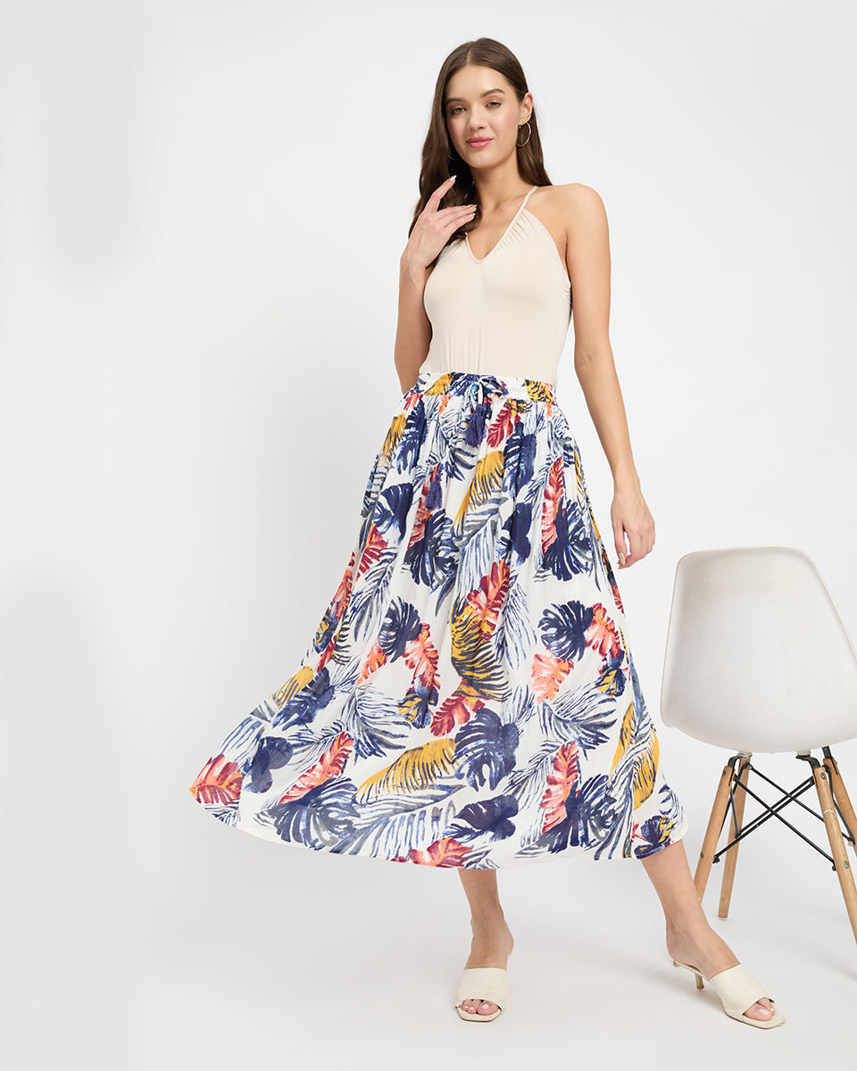 Multicolor Leaf Print Poly Knit Rayon Skirt For Women