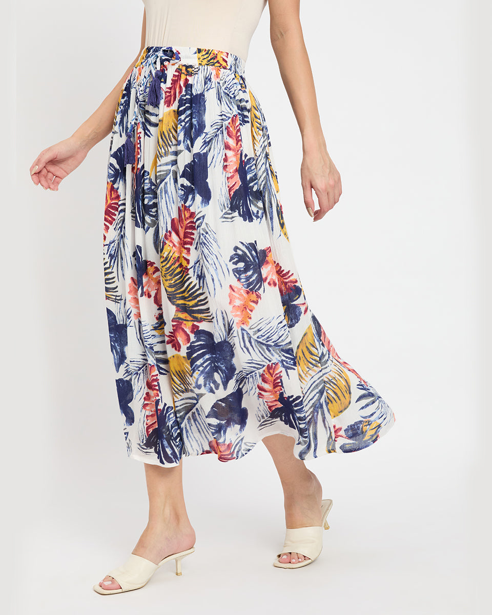 Multicolor Leaf Print Poly Knit Rayon Skirt For Women