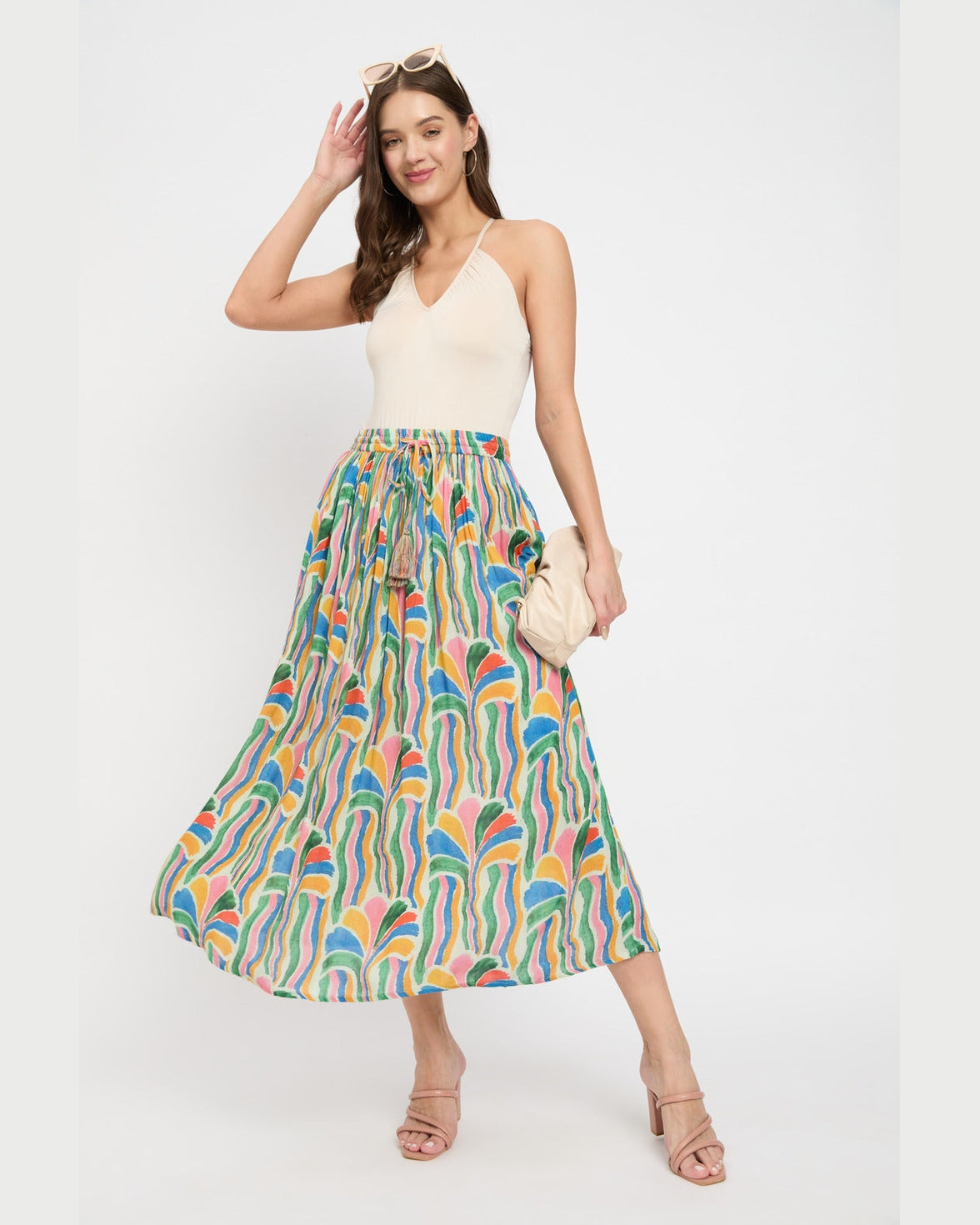 Stunning Multi Color Rayon Crepe Pleated Casual Skirt For Women