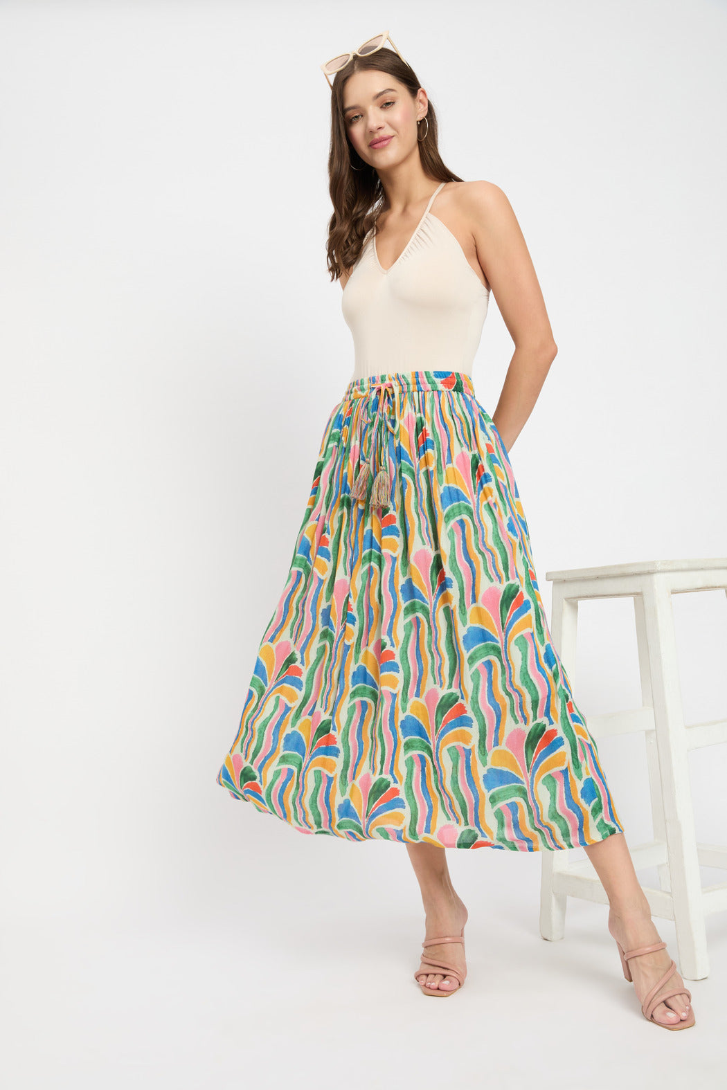 Stunning Multi Color Rayon Crepe Pleated Casual Skirt For Women