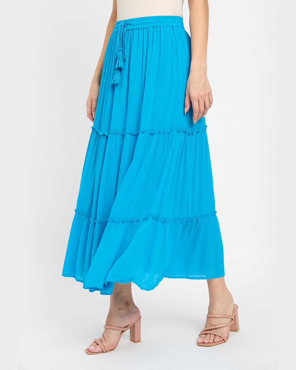 Poly Knit And Rayon Turquoise Color Three Tier Skirt For Women