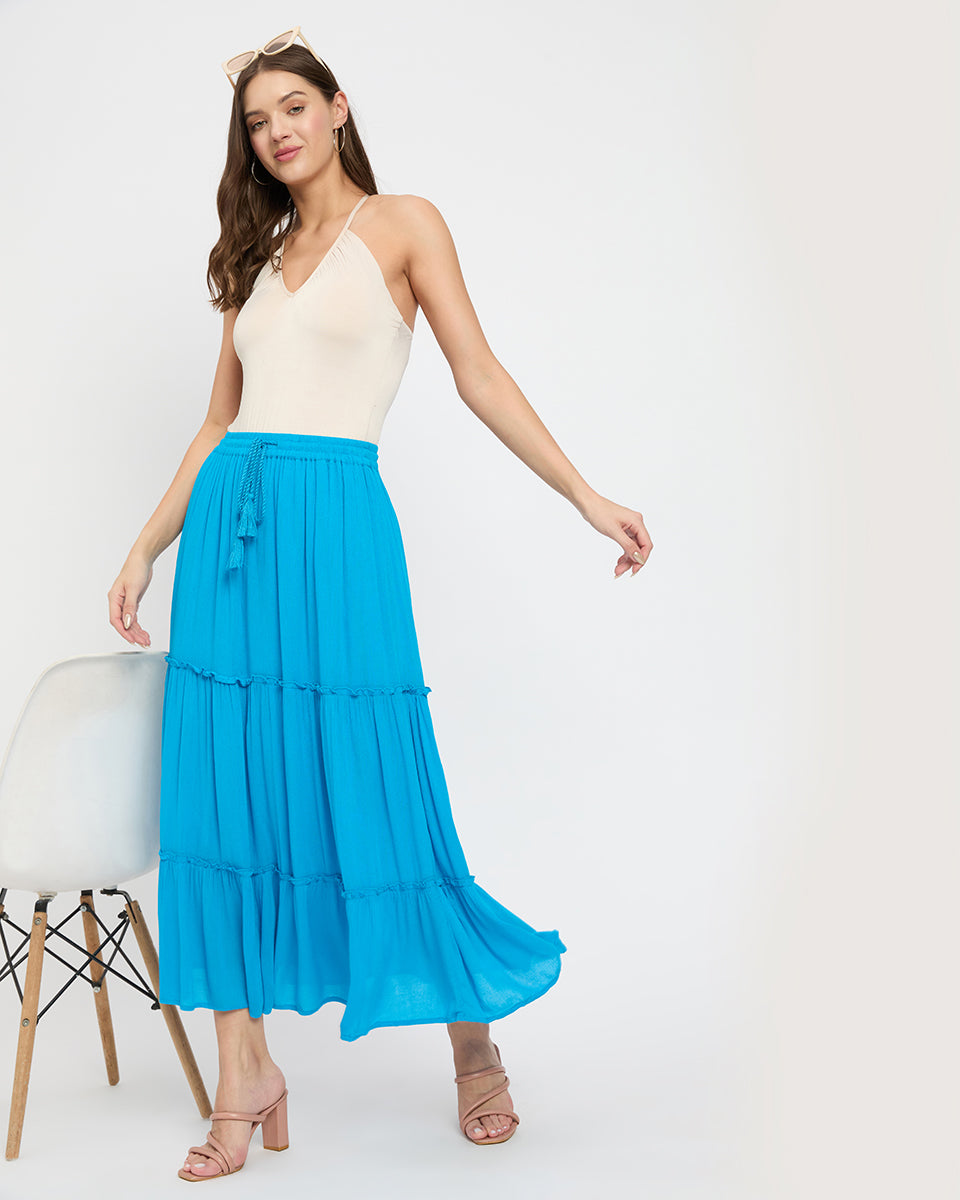 Poly Knit And Rayon Turquoise Color Three Tier Skirt For Women