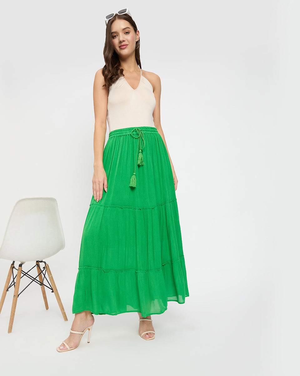 Green Rayon Gauze And Poly Knit Long Skirt For Women