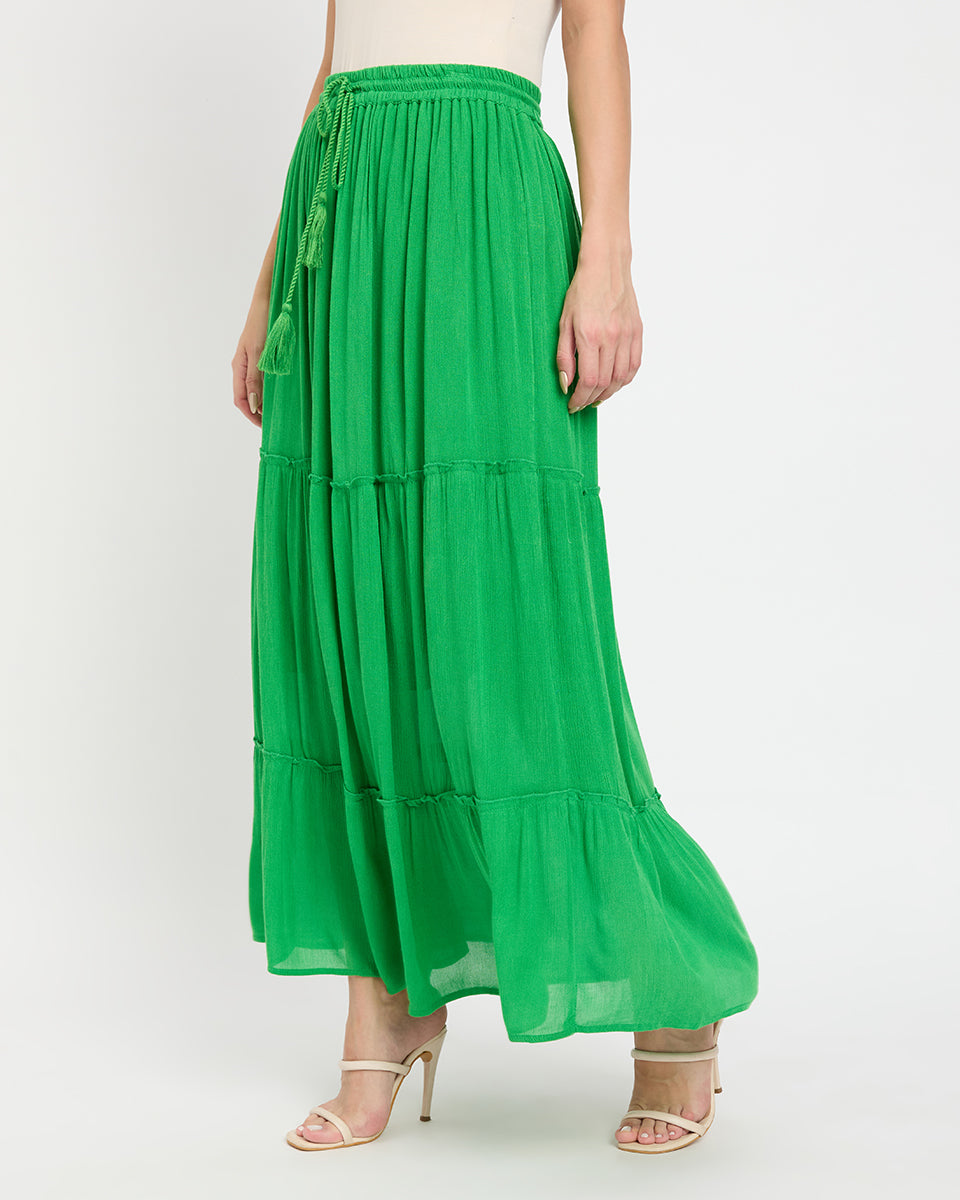 Green Rayon Gauze And Poly Knit Long Skirt For Women