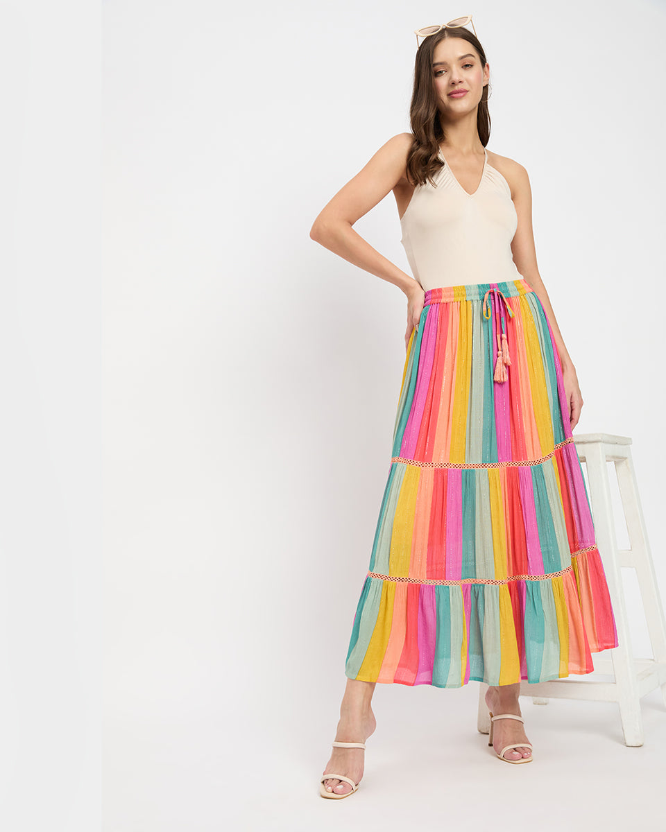 Multi Stripe Multi Color Rayon And Poly Knit Long Skirt For Women