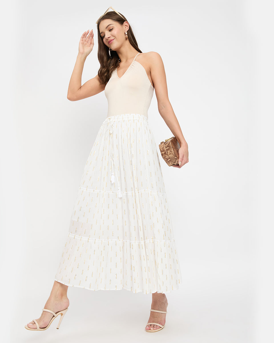 White And Silver Dobby Lurex Design Rayon Long Skirt For Women