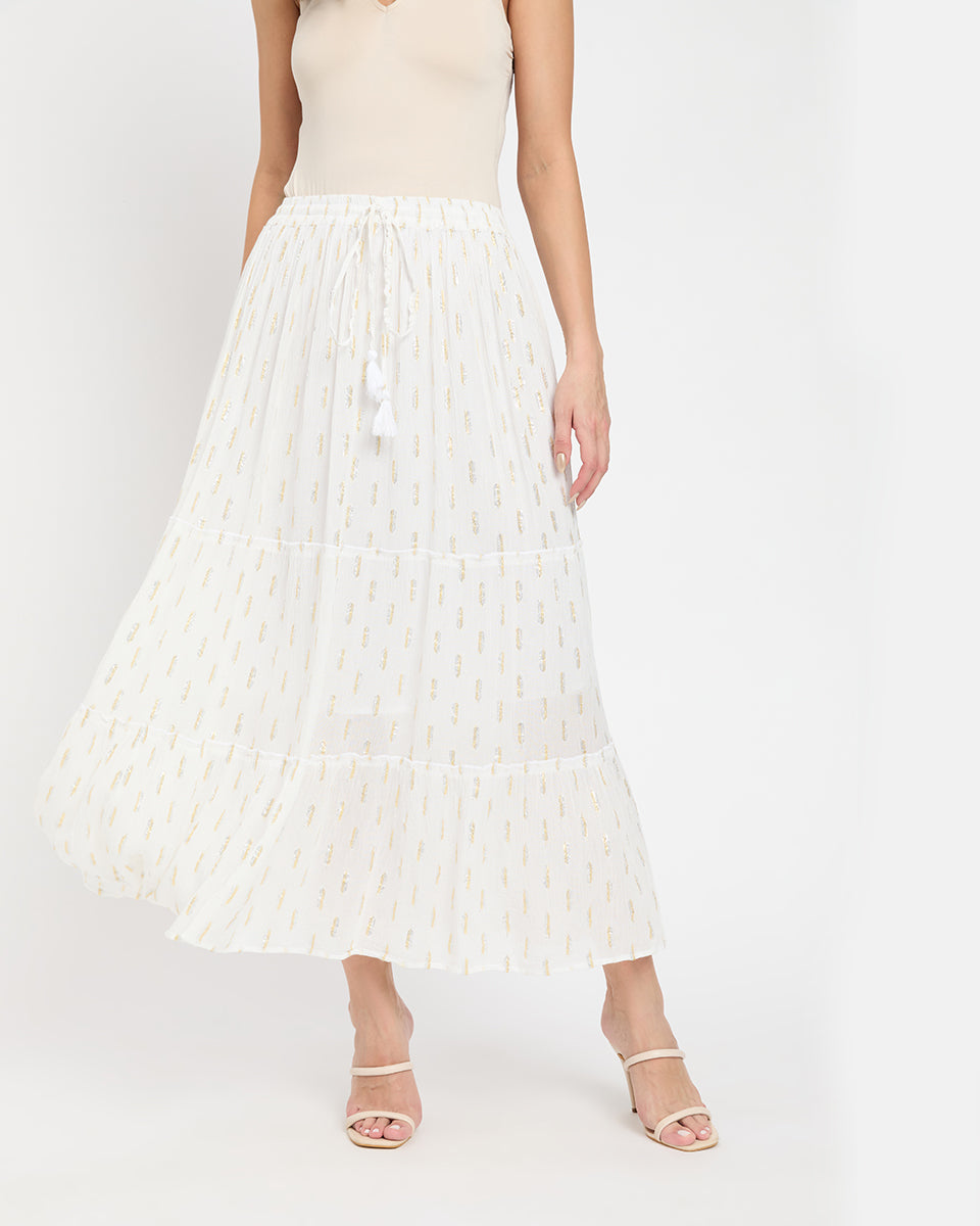 White And Silver Dobby Lurex Design Rayon Long Skirt For Women