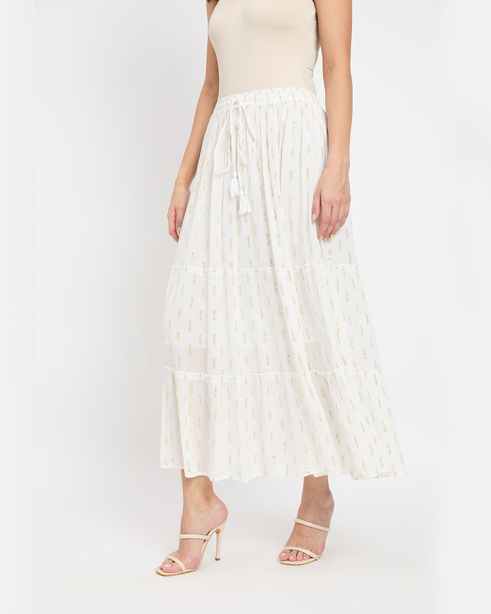 White And Silver Dobby Lurex Design Rayon Long Skirt For Women