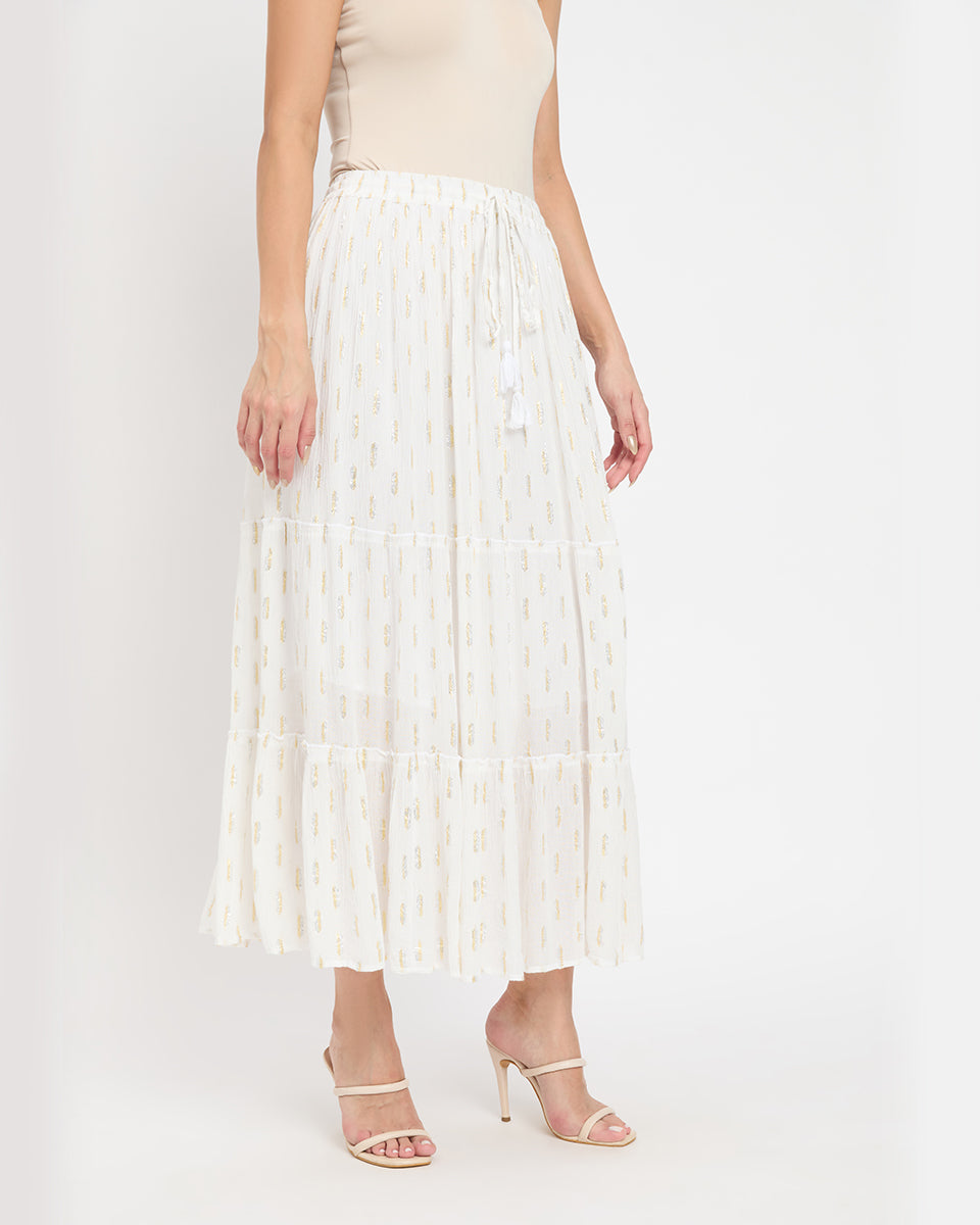 White And Silver Dobby Lurex Design Rayon Long Skirt For Women
