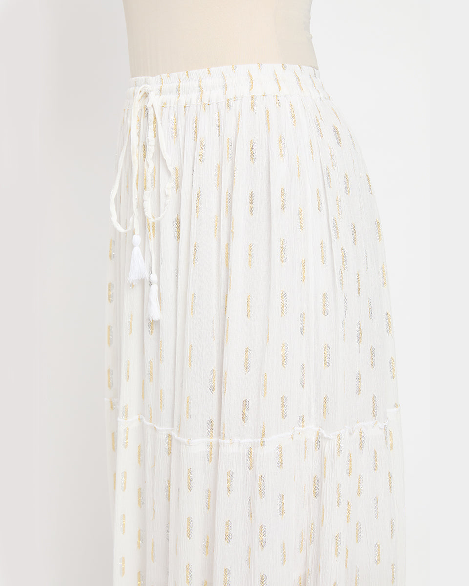 White And Silver Dobby Lurex Design Rayon Long Skirt For Women