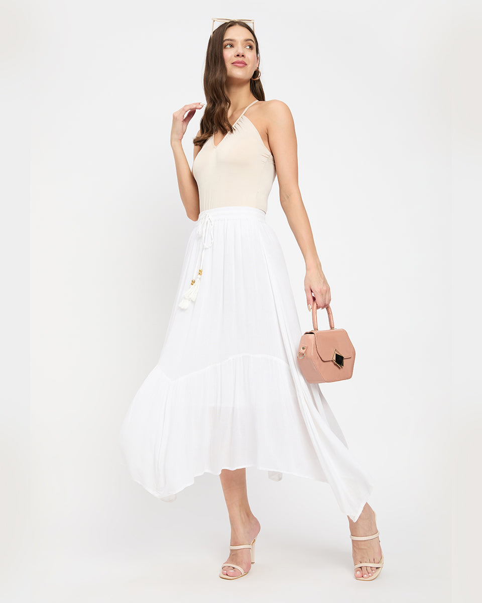 Asymmetrical White Rayon Gauze Skirt for Women