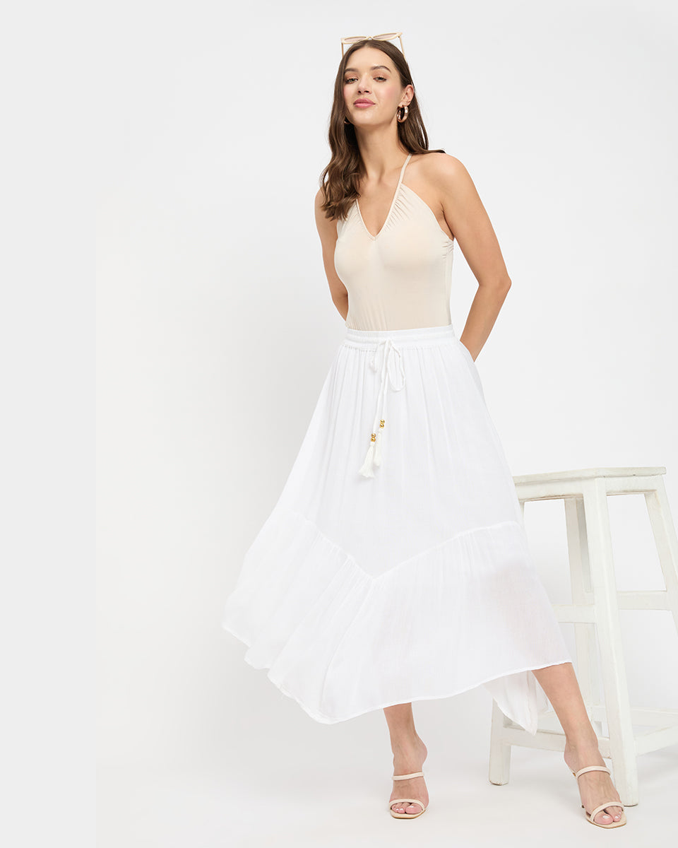 Asymmetrical White Rayon Gauze Skirt for Women